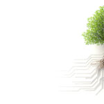 A sleek tree icon with roots intertwined in a digital circuit, representing the fusion of nature and technology for business growth