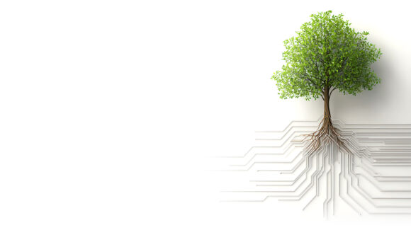 A sleek tree icon with roots intertwined in a digital circuit, representing the fusion of nature and technology for business growth