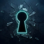 Futuristic cyber security breach concept with glowing neon keyhole