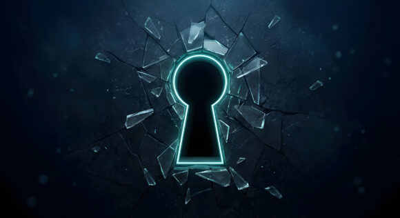 Futuristic cyber security breach concept with glowing neon keyhole