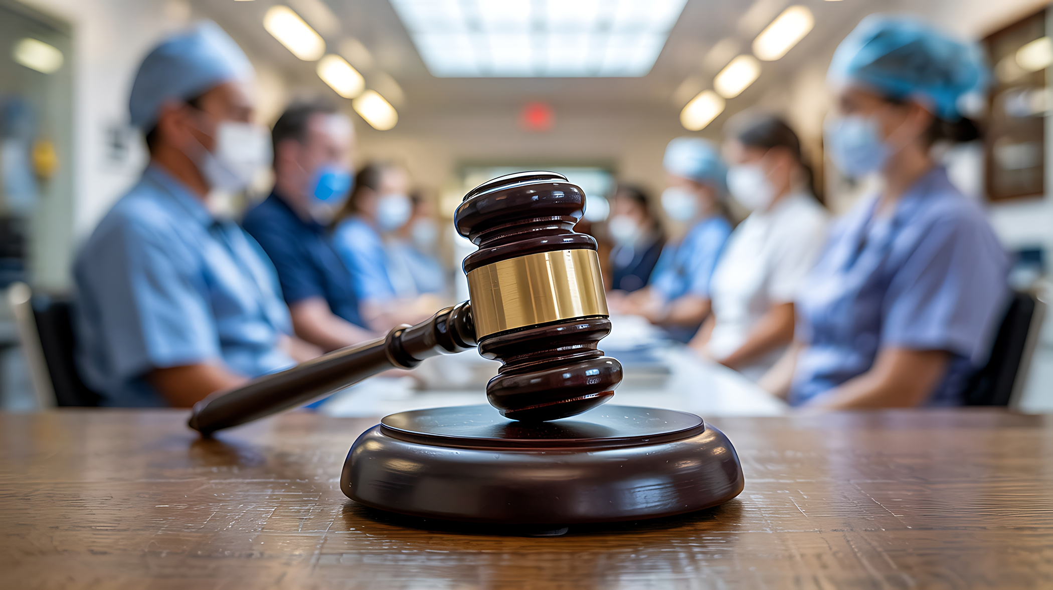 Gavel in the foreground with blurred medical professionals weari