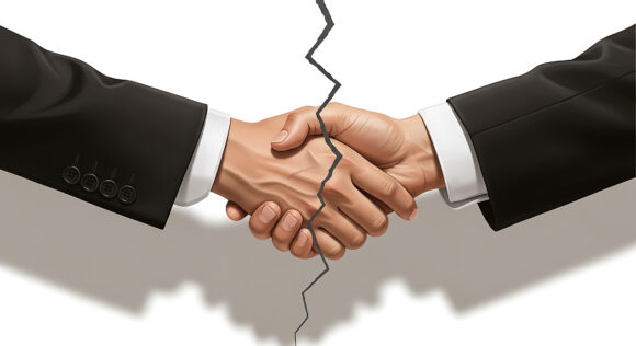 Business partnership breaking apart with cracked handshake illustration.