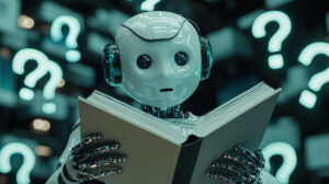 symbolic image of an AI robot with a blank book in its hands, looking confused, surrounded by floating question marks and incomplete data streams, representing limited knowledge --chaos 20 --ar 16:9 --quality 2 --raw --stylize 300 --v 6.1 Job ID: 7f55d9cf-ac9d-457d-bac0-f07ed15b85bb