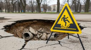 Deep pothole on cracked asphalt road with yellow warning sign. Dangerous sinkhole exposing sewer pipes in city street. Road repair and maintenance concept