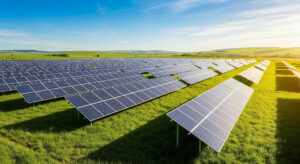 Aerial view of a vast solar panel farm nestled in a lush green field under a clear blue sky, concept for sustainable energy solutions, clean power initiatives, and environmental conservation