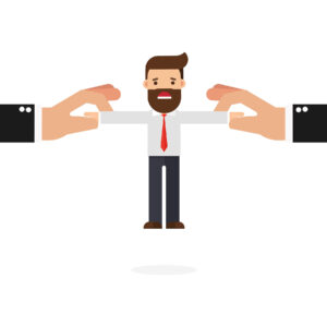 Businessman pulled by two big hand