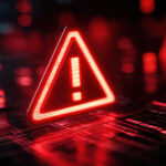 Alert symbol data corruption system failure warning sign red light glow digital background cyber security risk concept