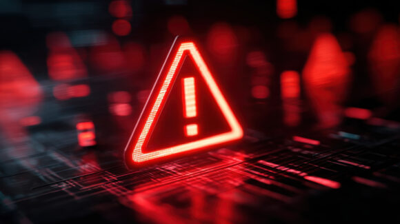 Alert symbol data corruption system failure warning sign red light glow digital background cyber security risk concept
