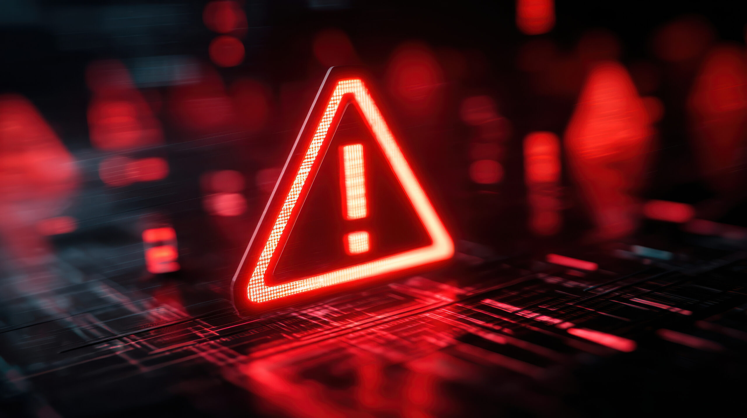 Alert symbol data corruption system failure warning sign red light glow digital background cyber security risk concept
