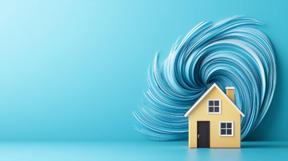 house stands resilient in center of swirling 3D storm, symbolizing protection and safety amidst chaos. vibrant colors evoke sense of hope and security.