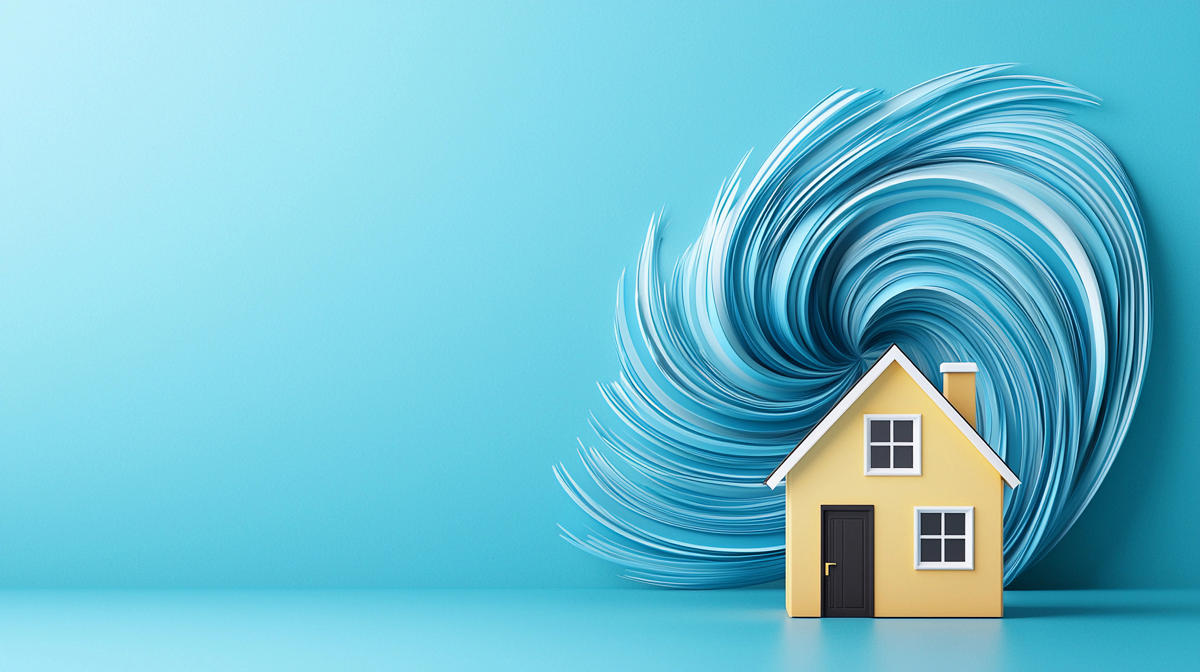 house stands resilient in center of swirling 3D storm, symbolizing protection and safety amidst chaos. vibrant colors evoke sense of hope and security.