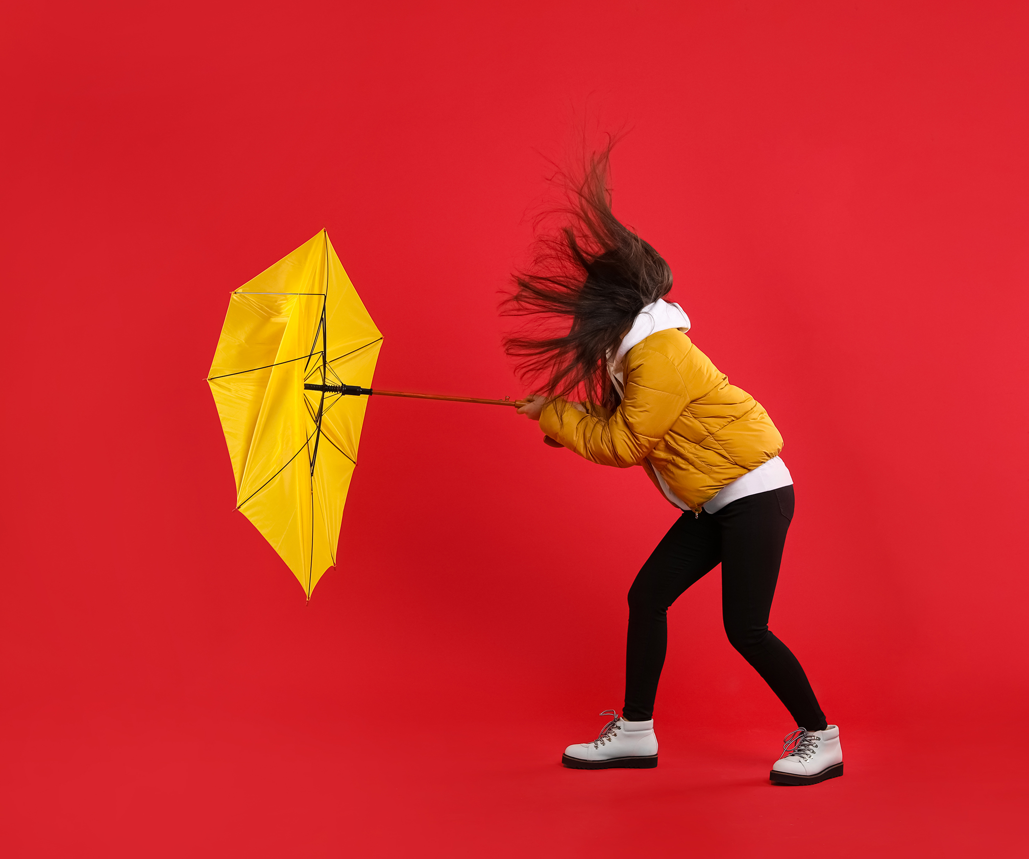Woman with umbrella caught in gust of wind on red background