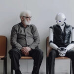 AI robot sitting on a chair next to an elderly man with coffee, both waiting for a job interview. AI vs human concept. futuristic technology coexisting with people in a professional environment