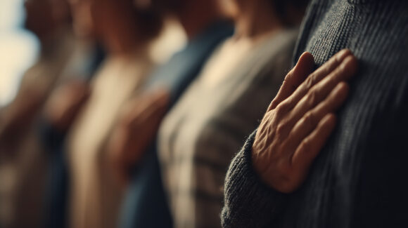 A solemn pledge of allegiance uniting a diverse group with hands