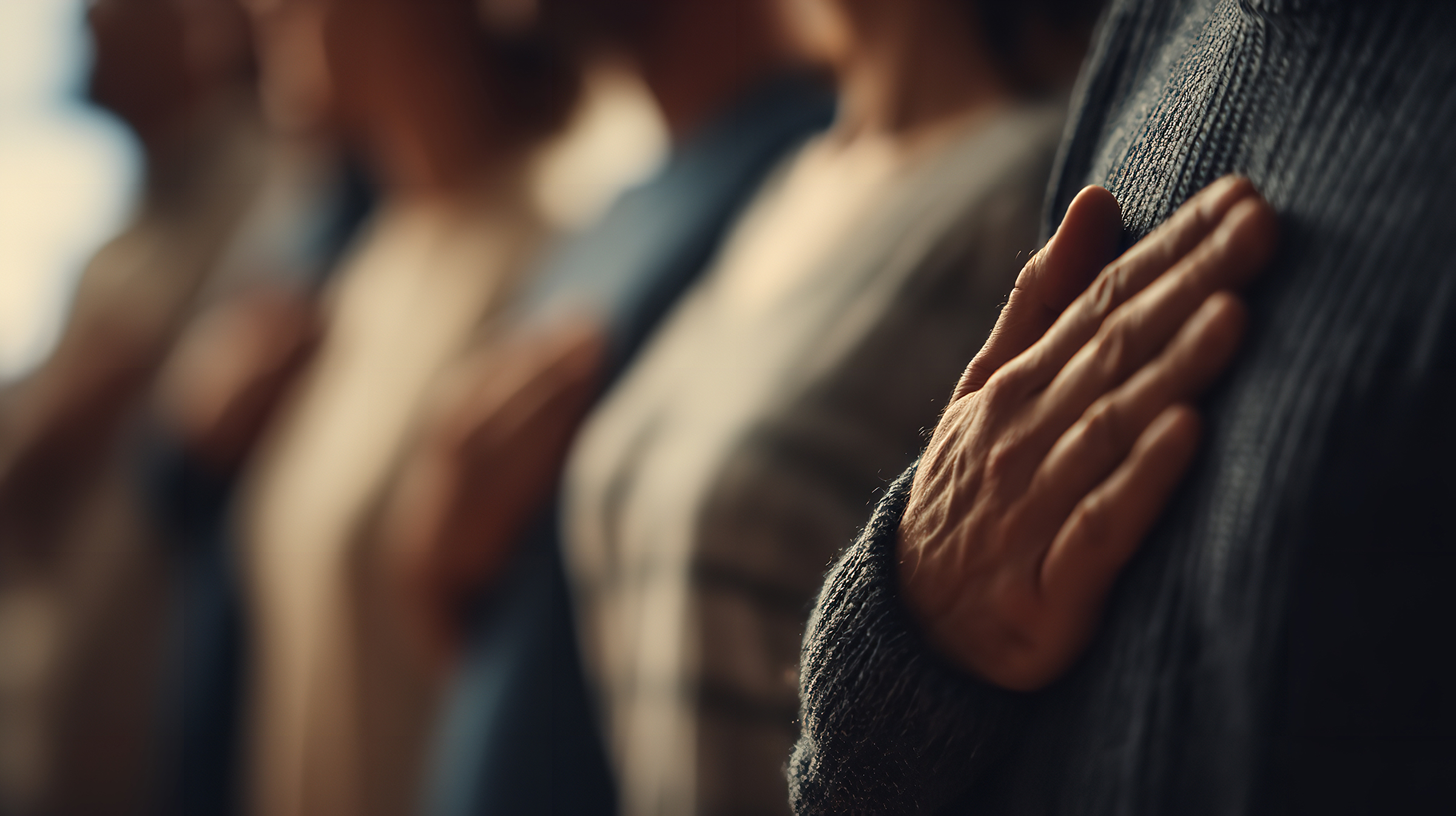 A solemn pledge of allegiance uniting a diverse group with hands
