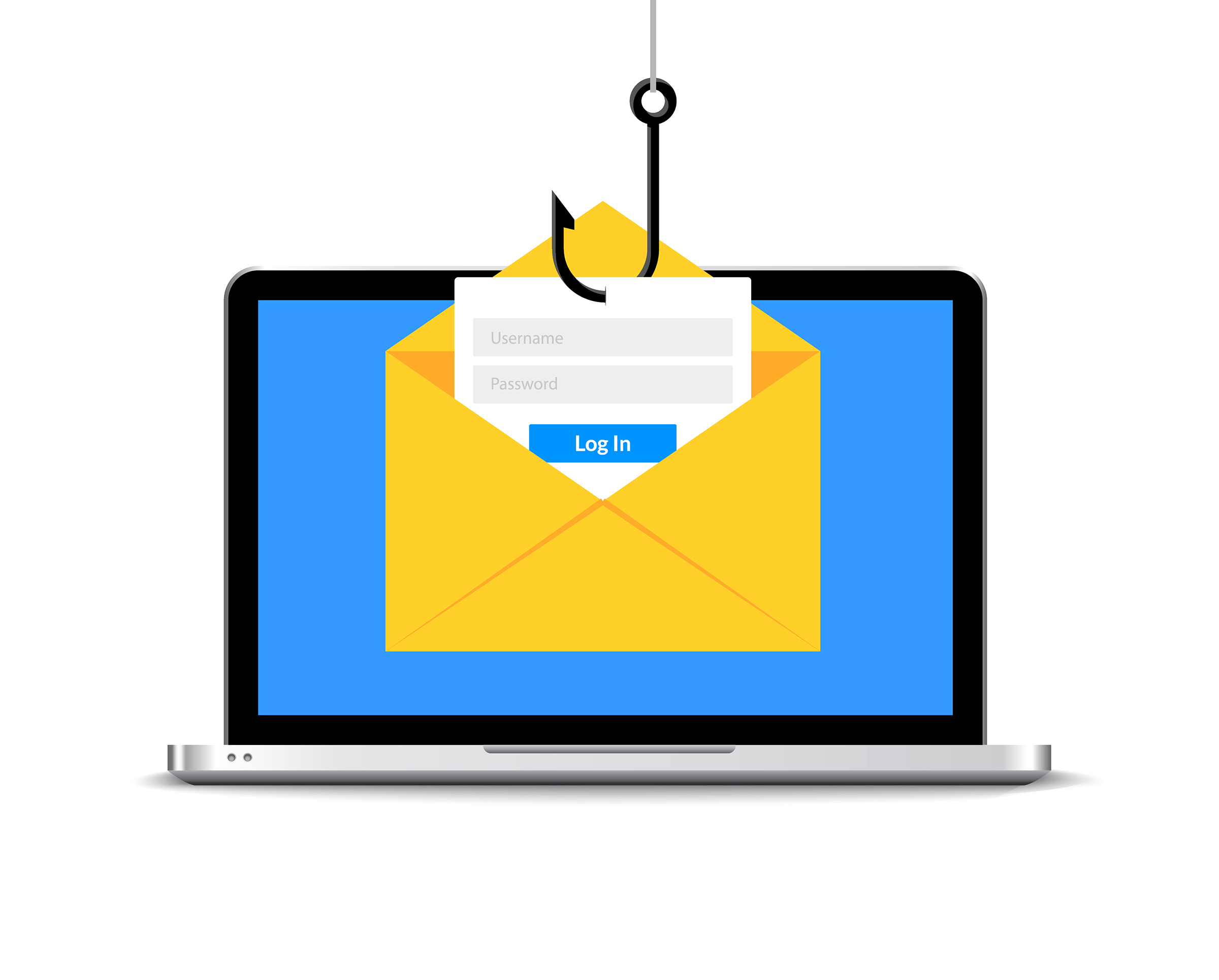 Data phishing hacking online. Scam envelope concept. Computer data fishing hack crime.