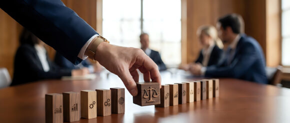 Business professional placing wooden block with scales of justice