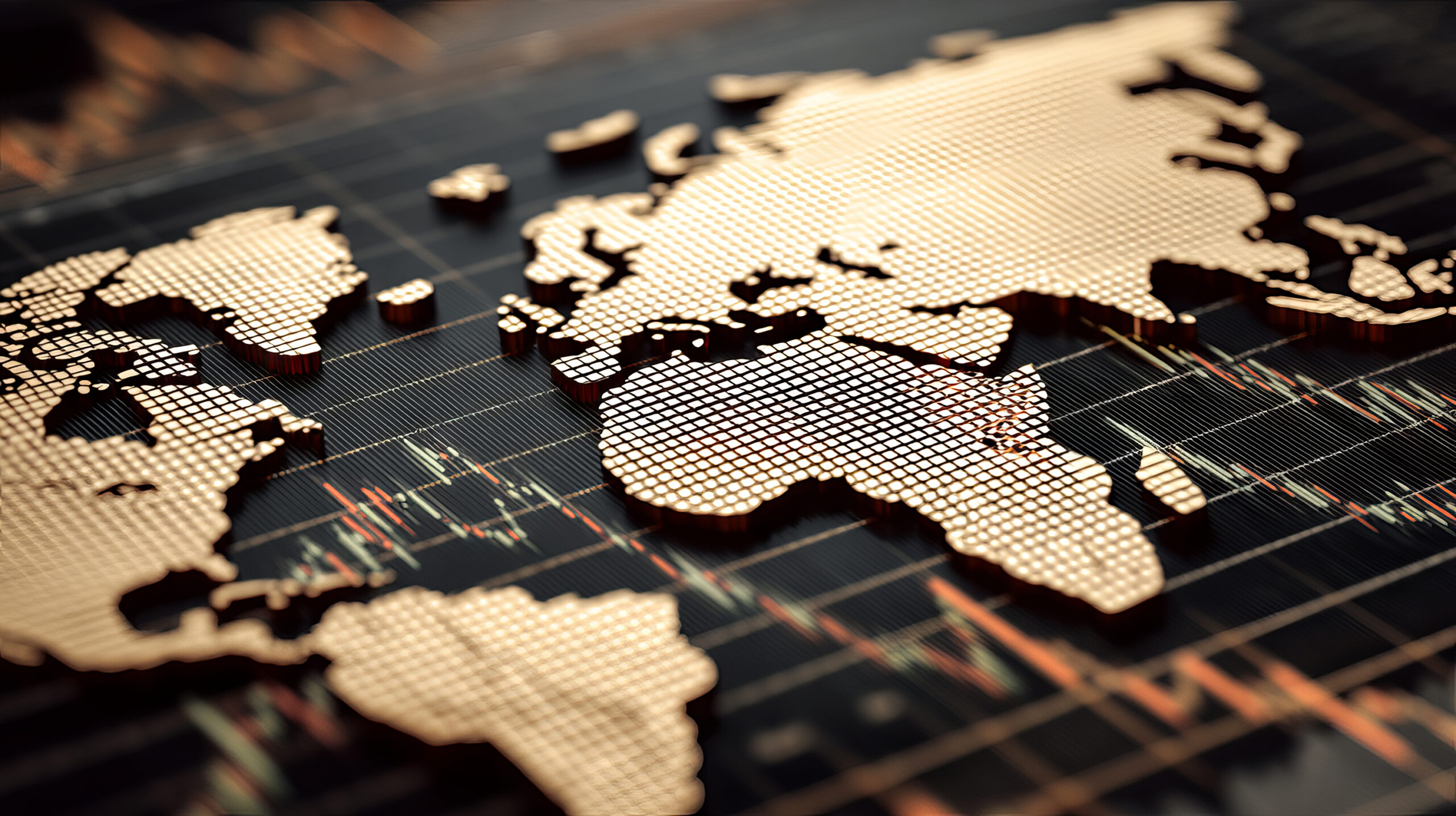 Double exposure of a global world map overlay on a financial sto