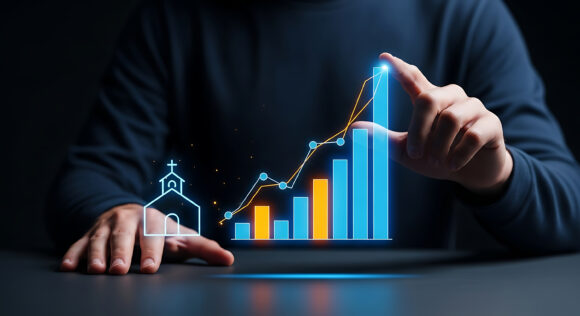 A person presenting a church related graph with a glowing blue arrow