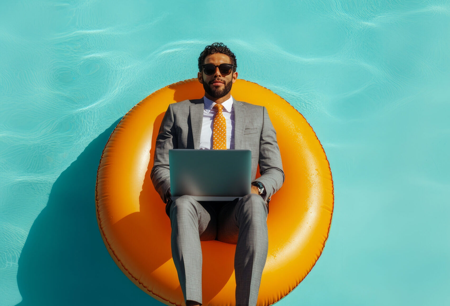 businessman in grey suit is sitting on yellow inflatable ring in a pool