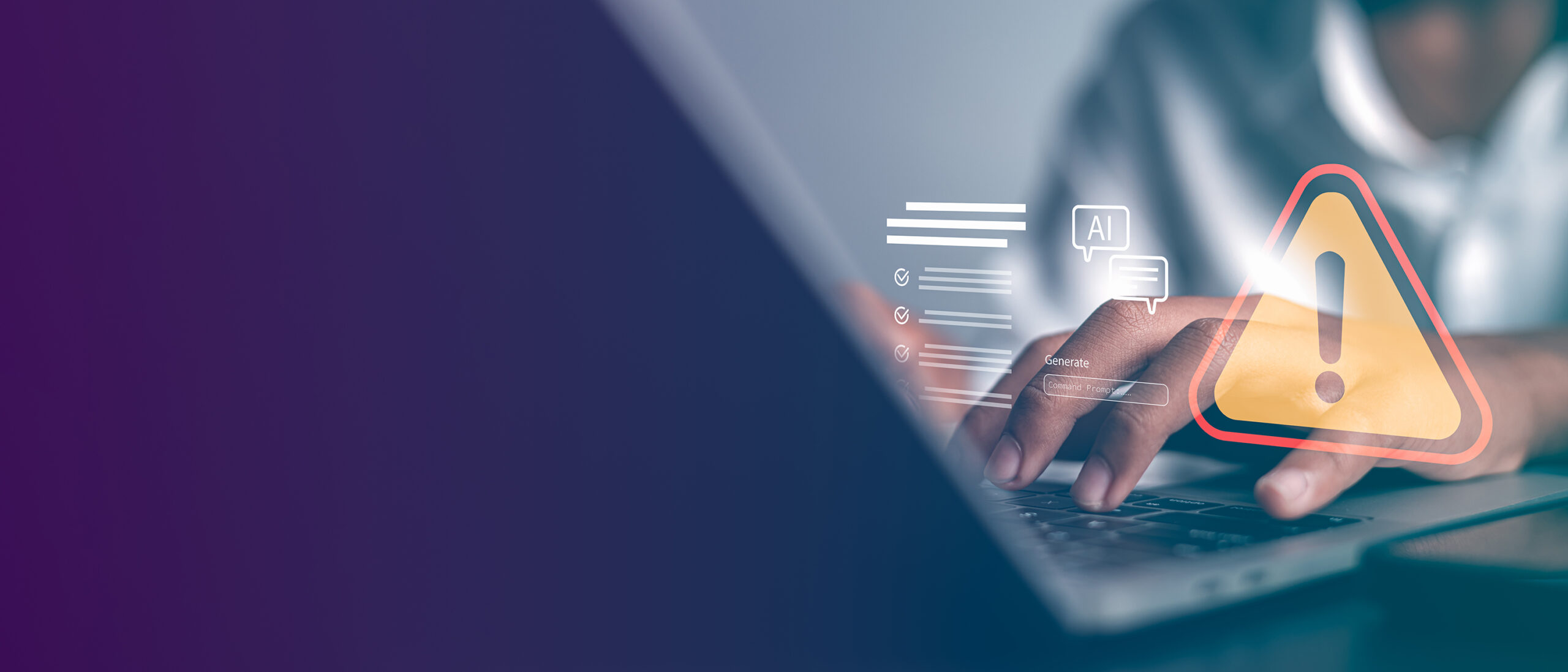 Professional man typing on laptop with AI system error and warni