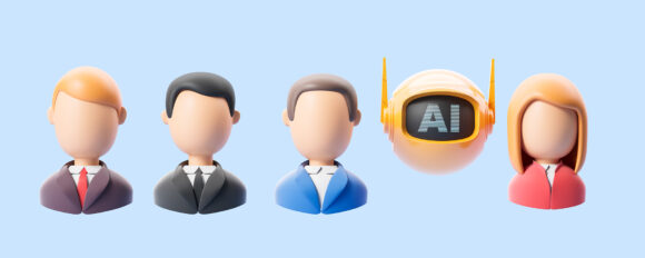 A group of faceless people and a robot with AI on its screen, on a light blue background. Concept of human vs AI competition in HR. 3D Rendering