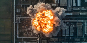 Aerial view of a large explosion at a power plant stock. Concept Stock Footage, Aerial View, Explosion, Power Plant, Disaster