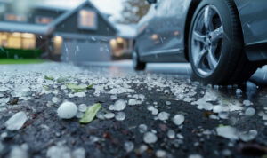 A car is pelted with hail in the driveway of a suburban home as