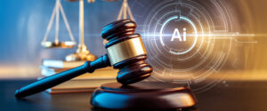 A professional image of a judge's gavel with artificial intellig