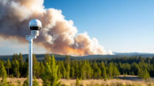 A state-of-the-art camera captures smoke from a wildfire in a forest, showcasing modern detection technology and its role in environmental safety and monitoring.