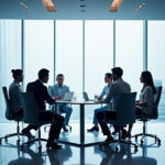 Corporate executives having a discussion in a sleek, modern office.