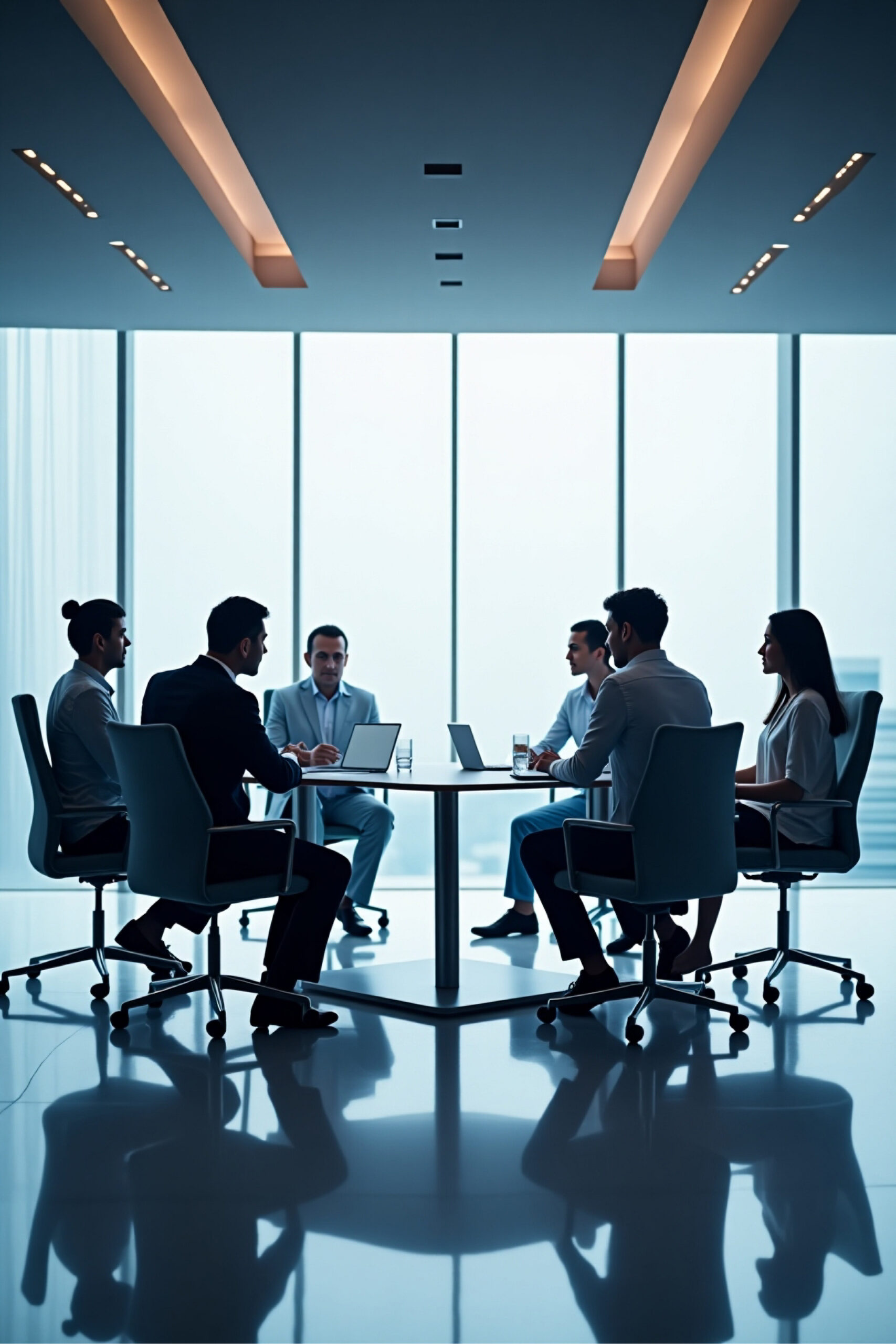 Corporate executives having a discussion in a sleek, modern office.