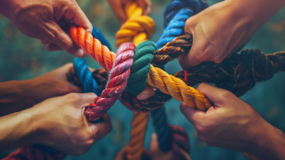 Team and colorful braid. Background shows the unity, solidarity,