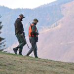 Two hunters in camouflage and safety orange vests walk along a grassy mountain slope with rifles, scouting terrain and enjoying an outdoor autumn hunting trip in a remote forested landscape.