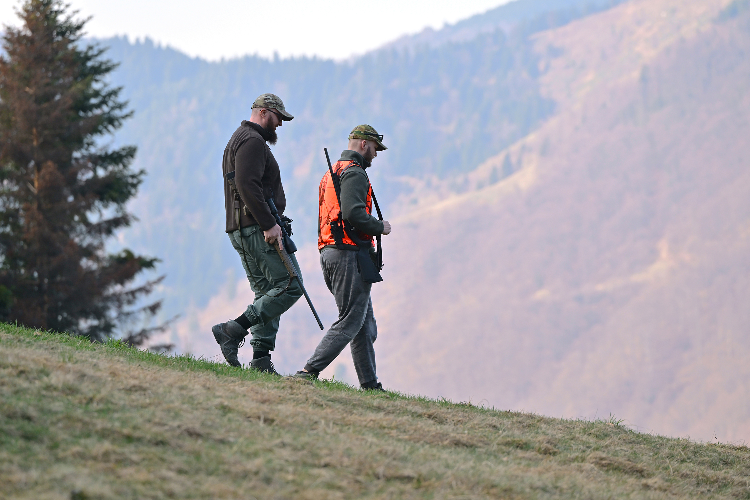 Two hunters in camouflage and safety orange vests walk along a grassy mountain slope with rifles, scouting terrain and enjoying an outdoor autumn hunting trip in a remote forested landscape.
