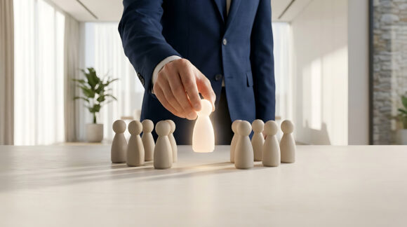 A person in a suit selects a glowing wooden figurine from a line of similar figures, symbolizing recruitment or leadership in a bright, modern office setting.