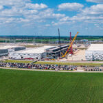 Aerial view of the construction of a massive AI data center campus with 400 million square feet hosting and 600MW capacity in Hutto Texas