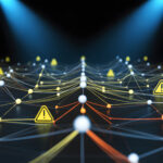 A digital network visualization featuring a grid of white and orange nodes connected by thin lines across a dark, reflective surface. Several yellow triangle with exclamation marks are scattered throughout the network, indicating areas of error, risk, or security alerts. Two blue spotlights shine from above, casting light on the complex structure and emphasizing the points of concern within the digital system.