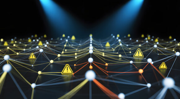A digital network visualization featuring a grid of white and orange nodes connected by thin lines across a dark, reflective surface. Several yellow triangle with exclamation marks are scattered throughout the network, indicating areas of error, risk, or security alerts. Two blue spotlights shine from above, casting light on the complex structure and emphasizing the points of concern within the digital system.