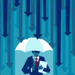 Risk averse. Vector of a businessman with umbrella resisting protecting himself from falling arrows as a symbol of unfavorable business environment