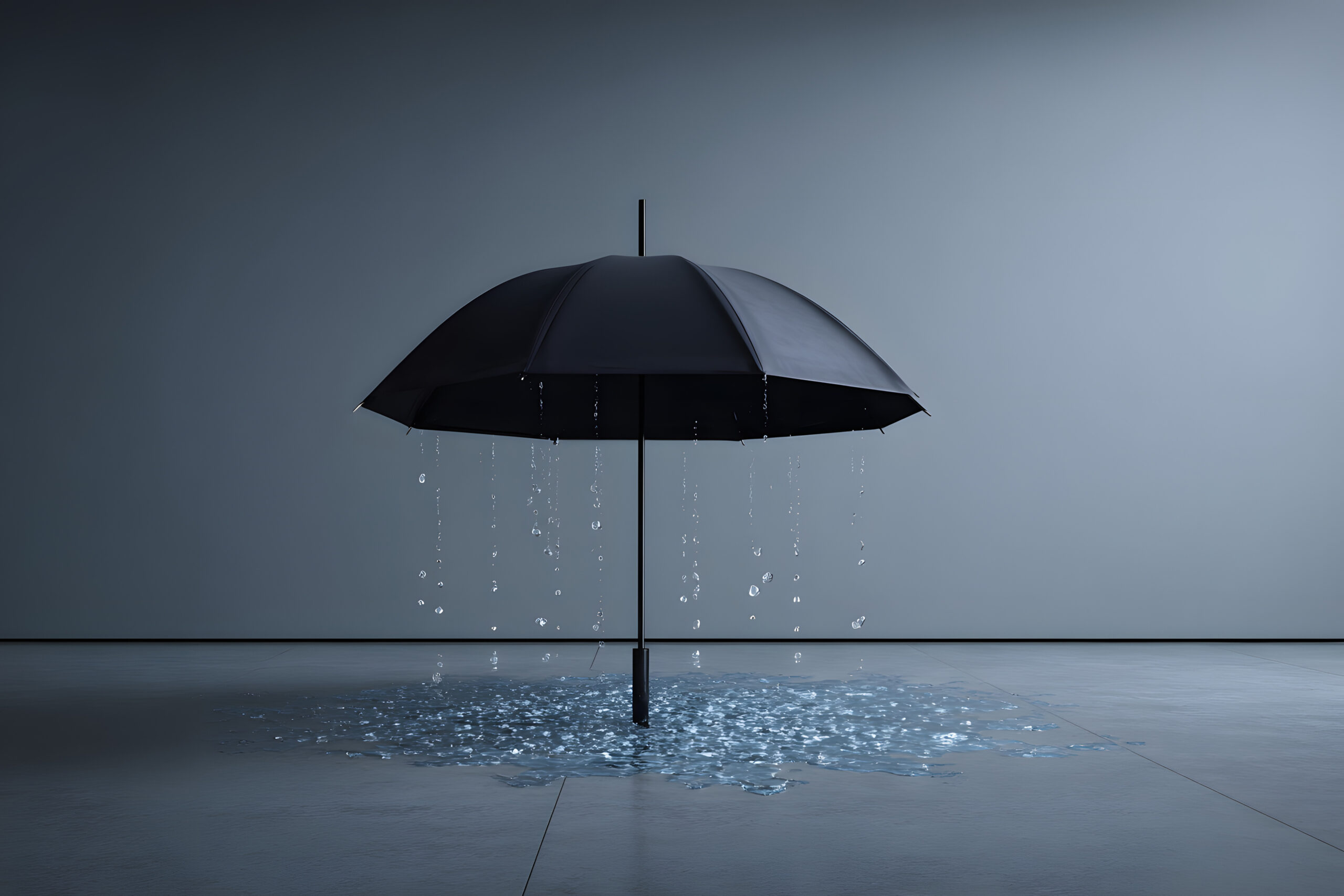 Conceptual black umbrella with rain falling from its inside onto
