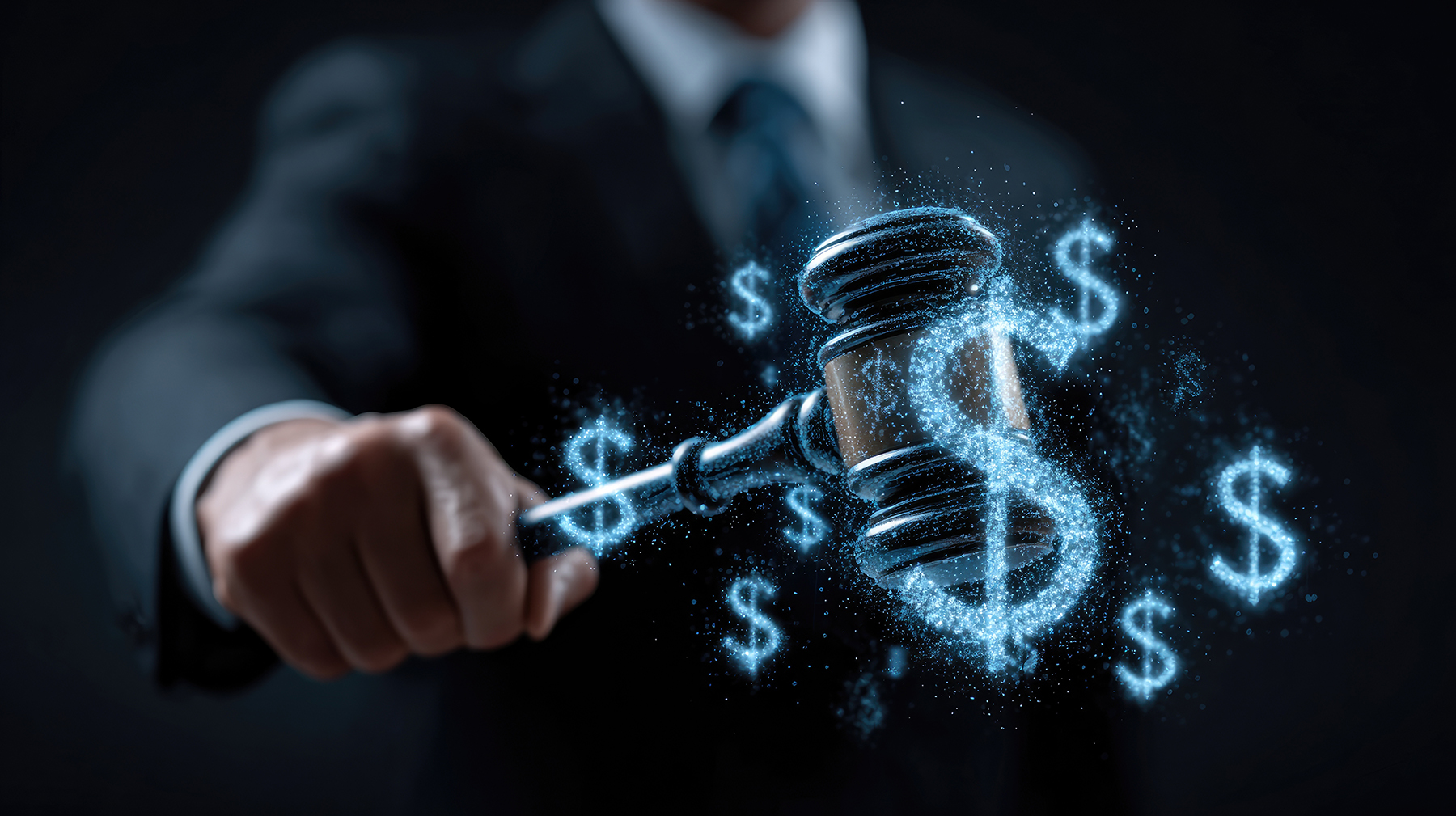 Conceptual image of a judge with gavel and dollar signs indicating financial rulings