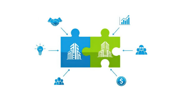 Illustration of business partnership with puzzle pieces and growth icons