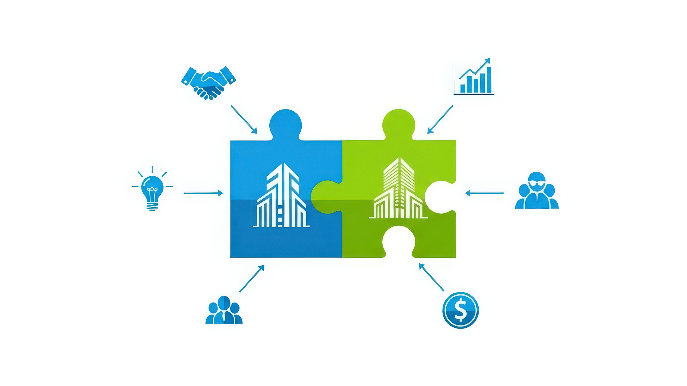 Illustration of business partnership with puzzle pieces and growth icons