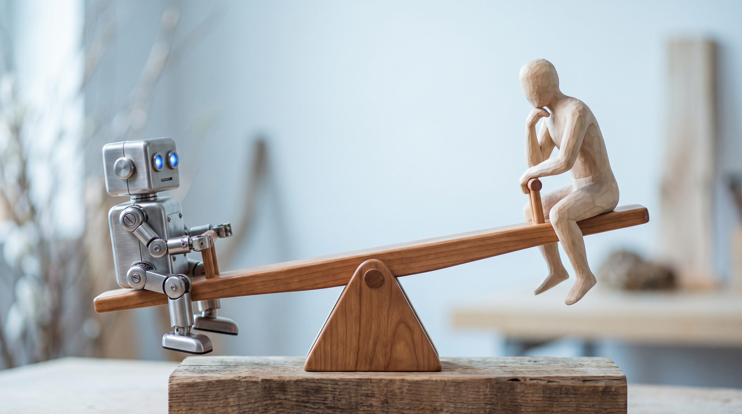 Wooden seesaw balancing toy robot and wooden human figure to rep