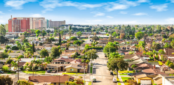 Panoramic view of a neighborhood in Anaheim, Orange County, Cali