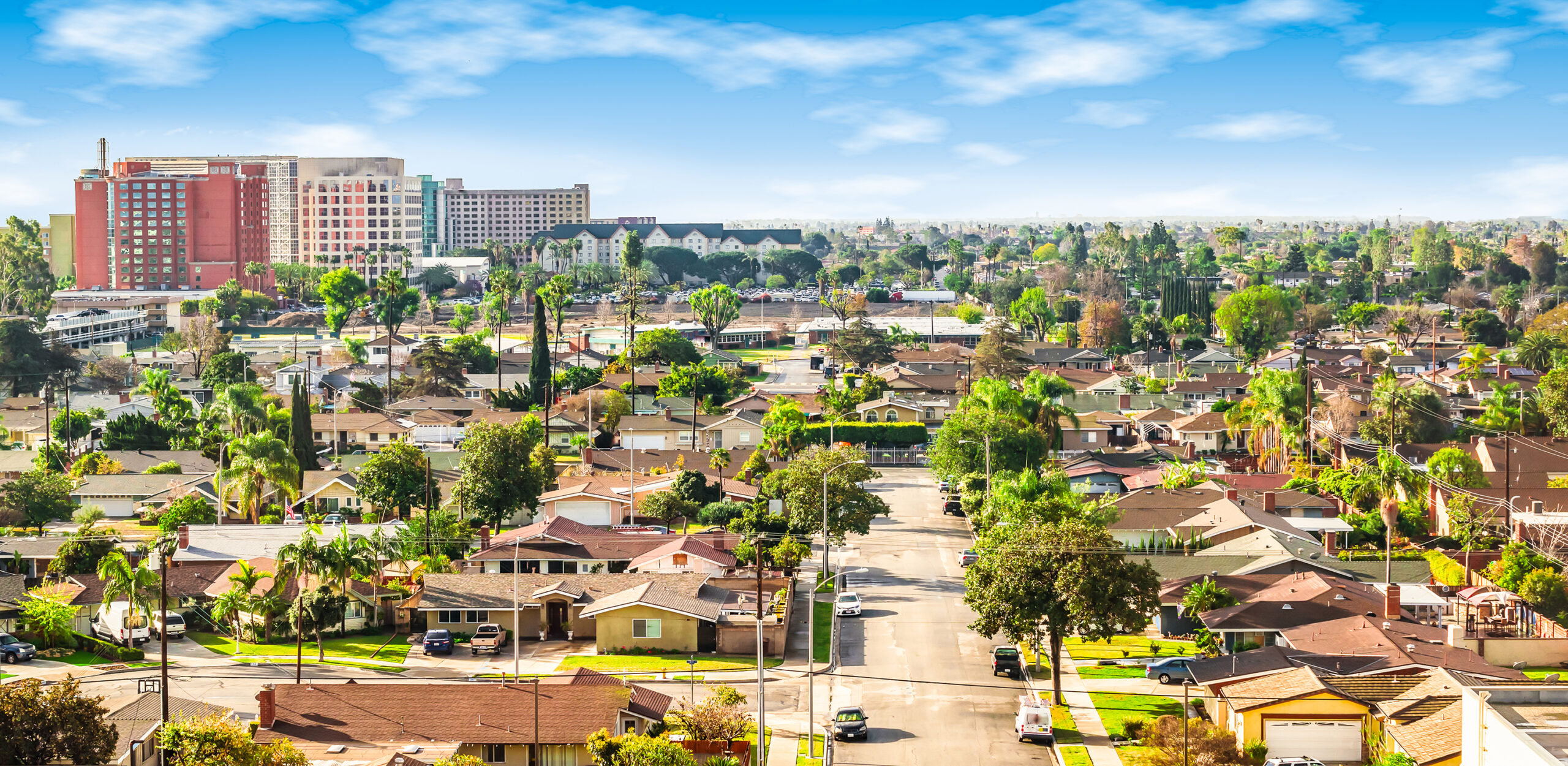 Panoramic view of a neighborhood in Anaheim, Orange County, Cali