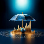A blue umbrella shelters a golden globe atop a data visualization, symbolizing protection and financial security in a dark, futuristic setting. The scene is lit from above, creating a dramatic effect.