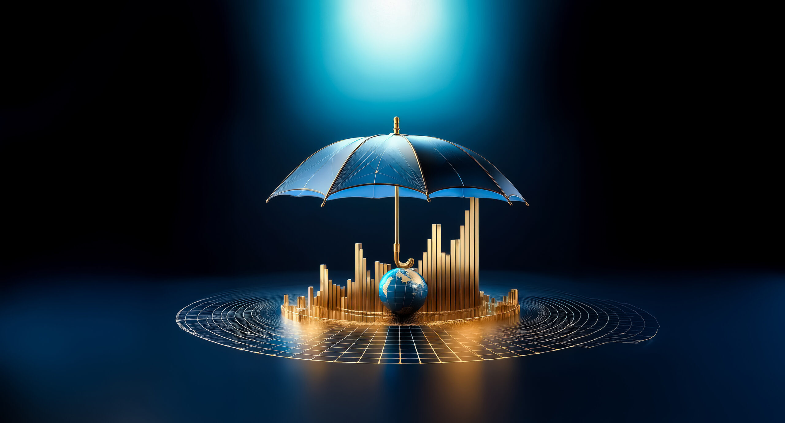 A blue umbrella shelters a golden globe atop a data visualization, symbolizing protection and financial security in a dark, futuristic setting. The scene is lit from above, creating a dramatic effect.