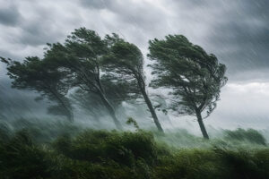 Rain and storm winds blowing trees